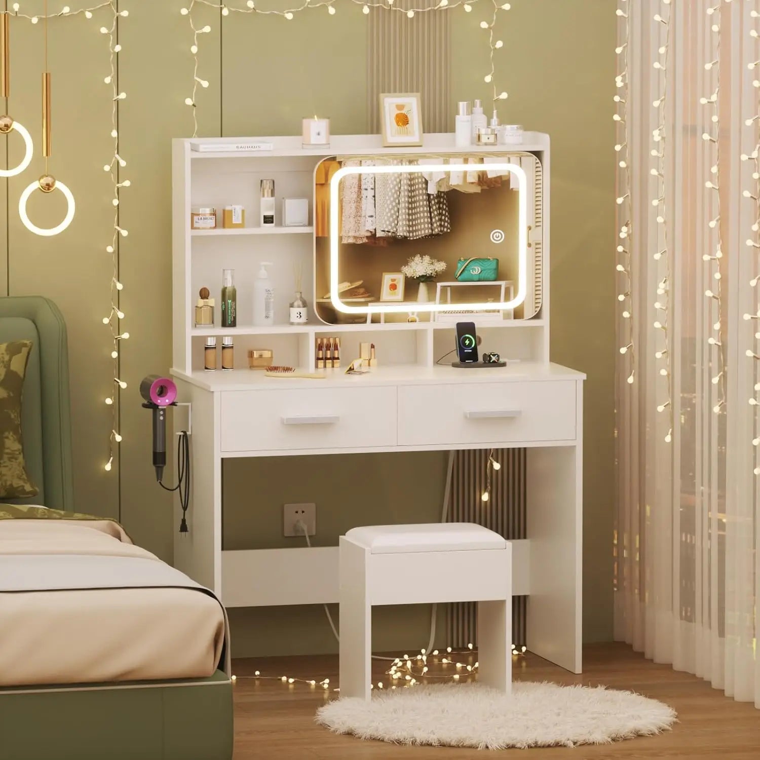TAYAO White Vanity Desk with LED Lights Mirror Power Outlet and Chair