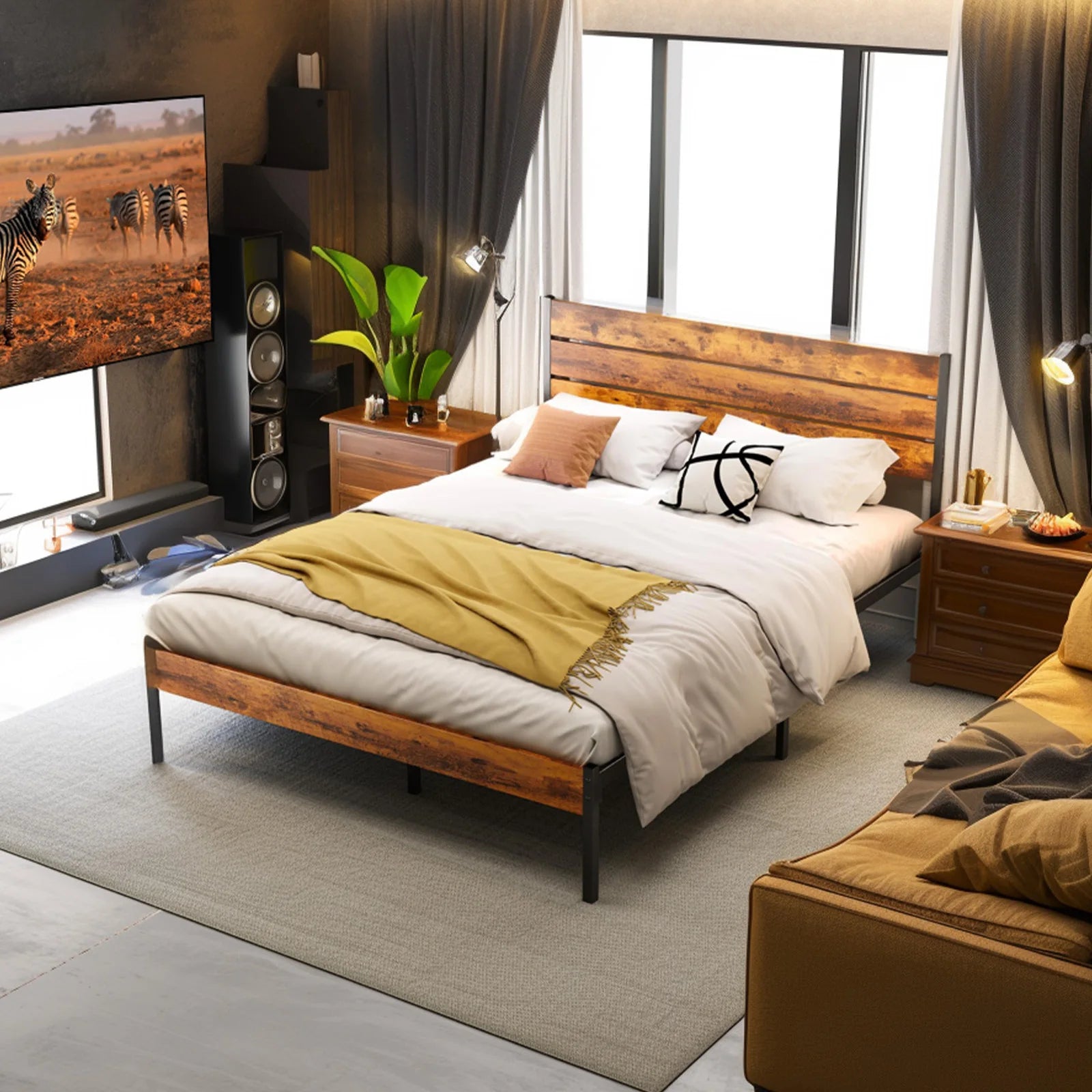 JHK Queen Size Metal Platform Bed Frame with Headboard and Footboard