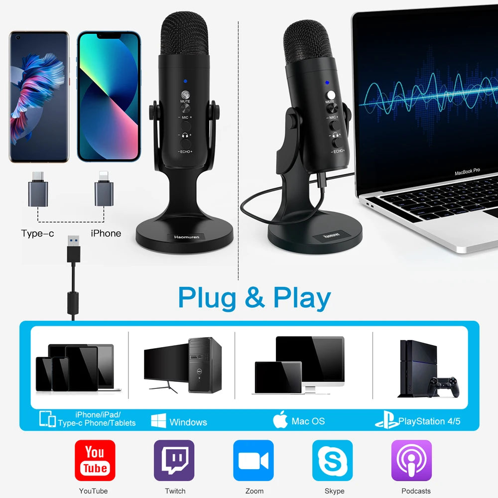 Haomuren USB Microphone for PC Mac Gaming Recording Stream and podcast