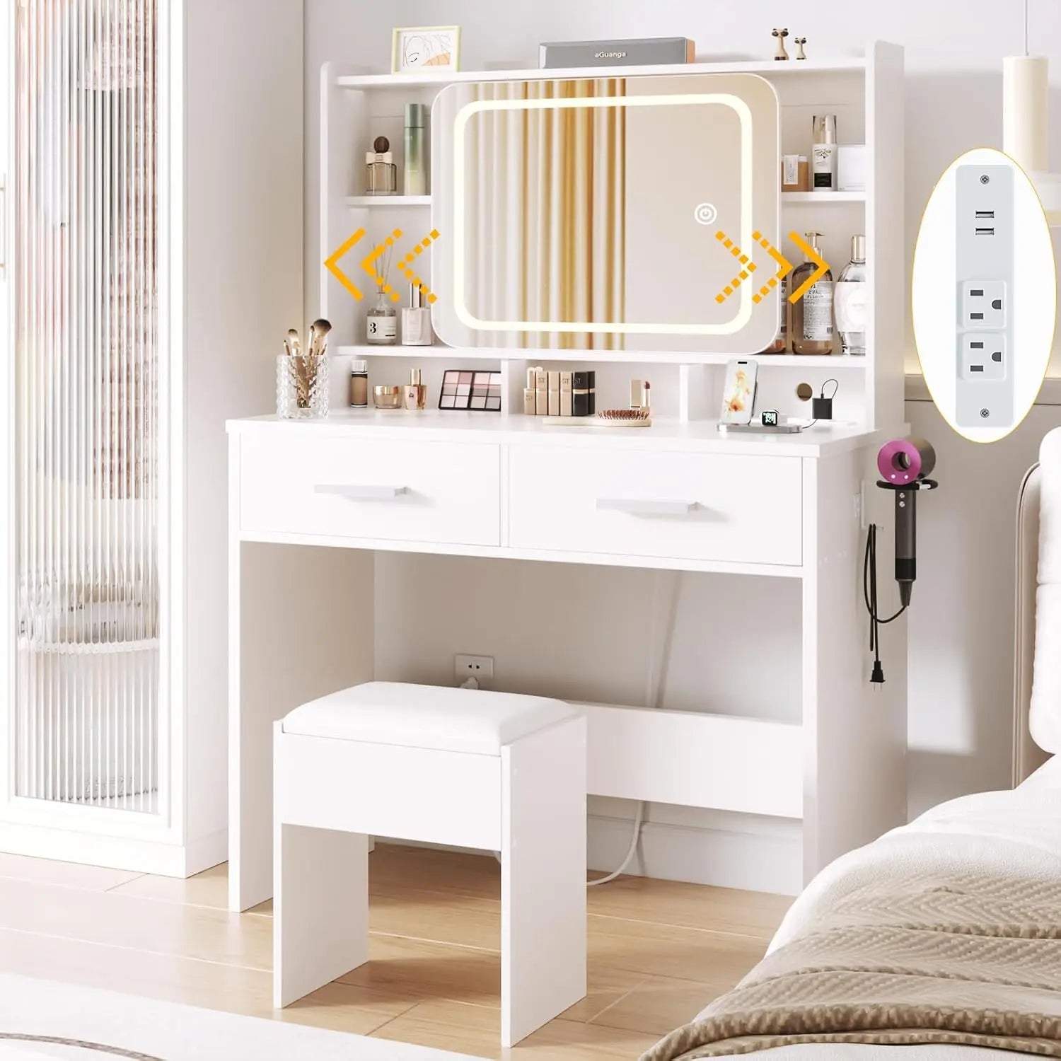 TAYAO White Vanity Desk with LED Lights Mirror Power Outlet and Chair