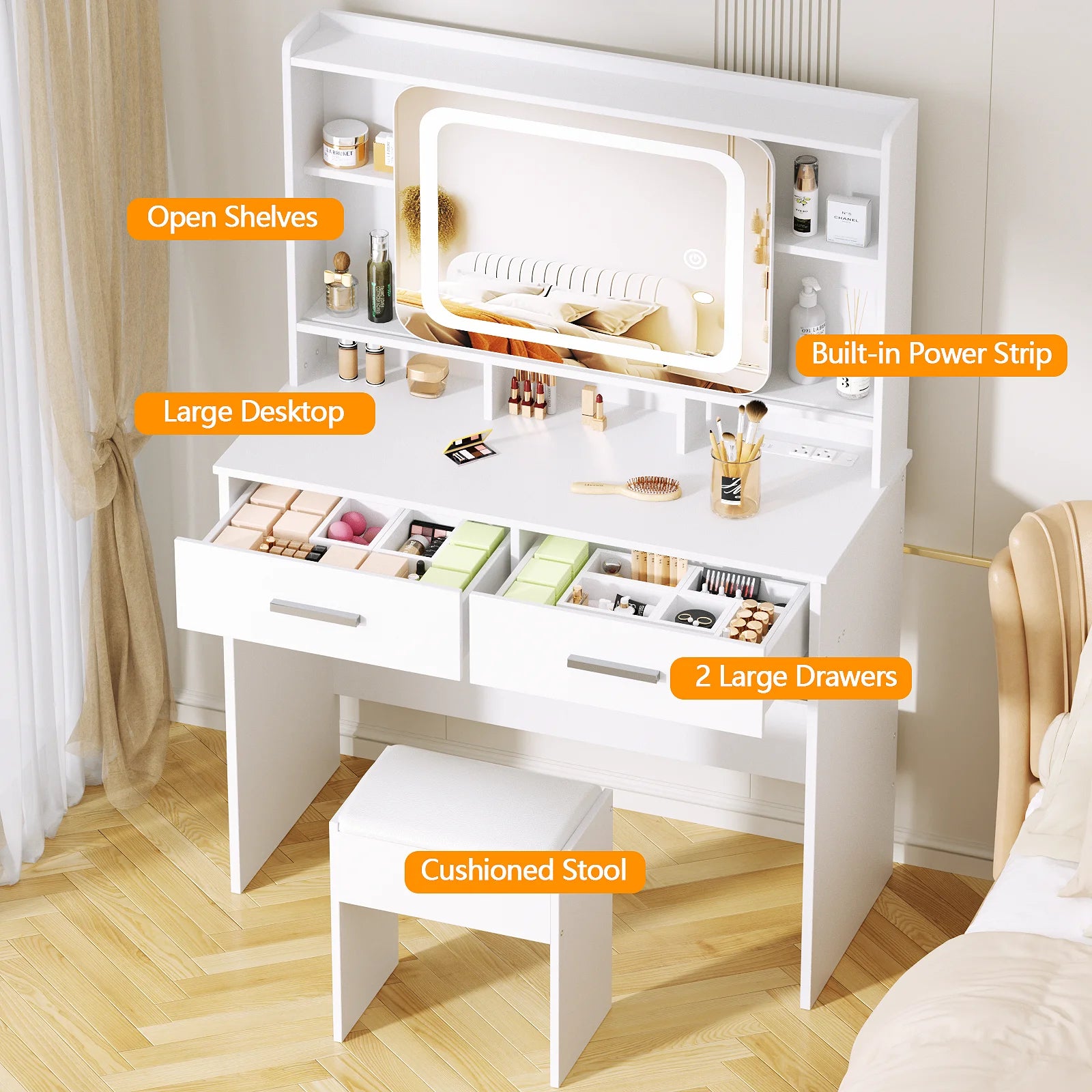 TAYAO White Vanity Desk with LED Lights Mirror Power Outlet and Chair