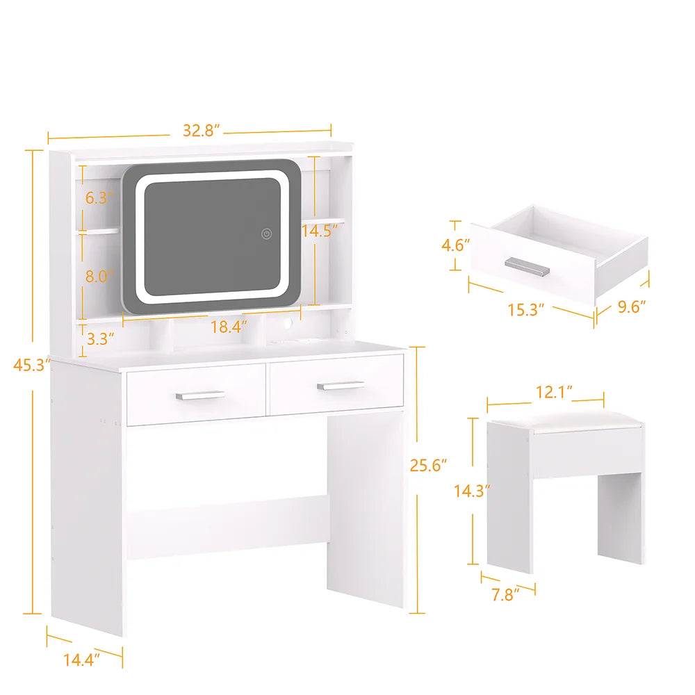 TAYAO White Vanity Desk with LED Lights Mirror Power Outlet and Chair