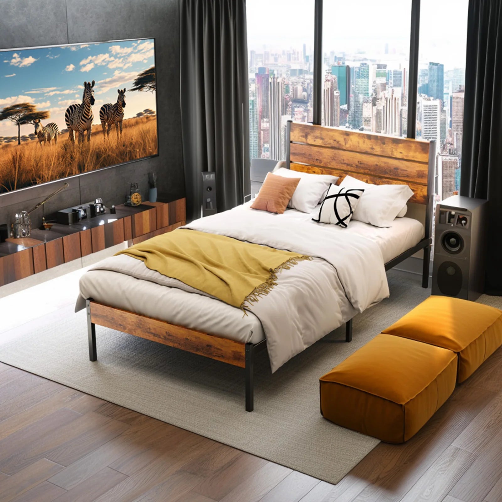 JHK Queen Size Metal Platform Bed Frame with Headboard and Footboard
