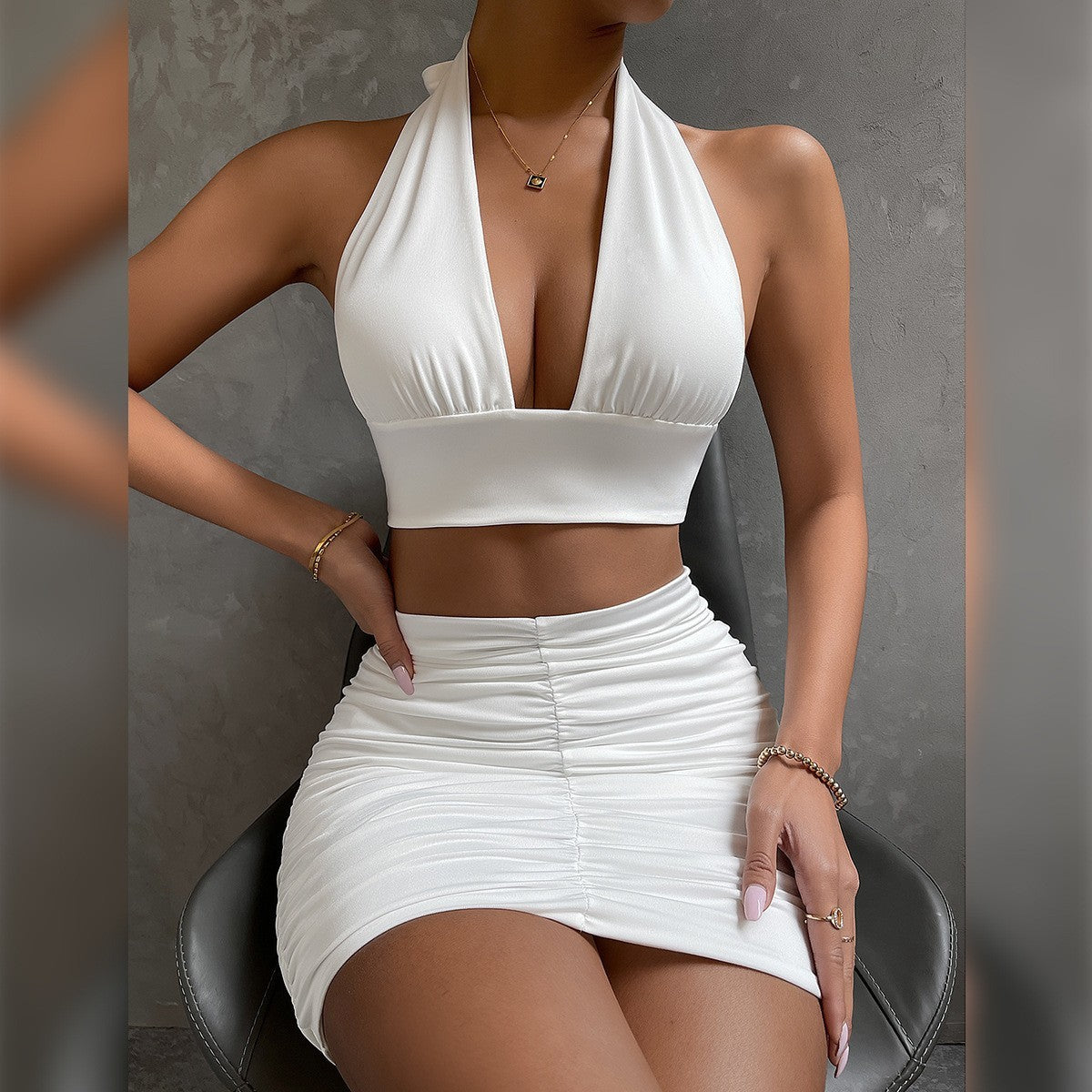 2pcs Dress Suits For Women Halter Lace-up Hip Top