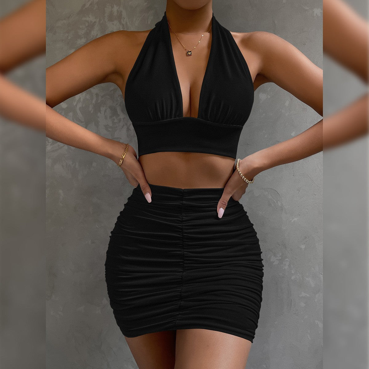2pcs Dress Suits For Women Halter Lace-up Hip Top