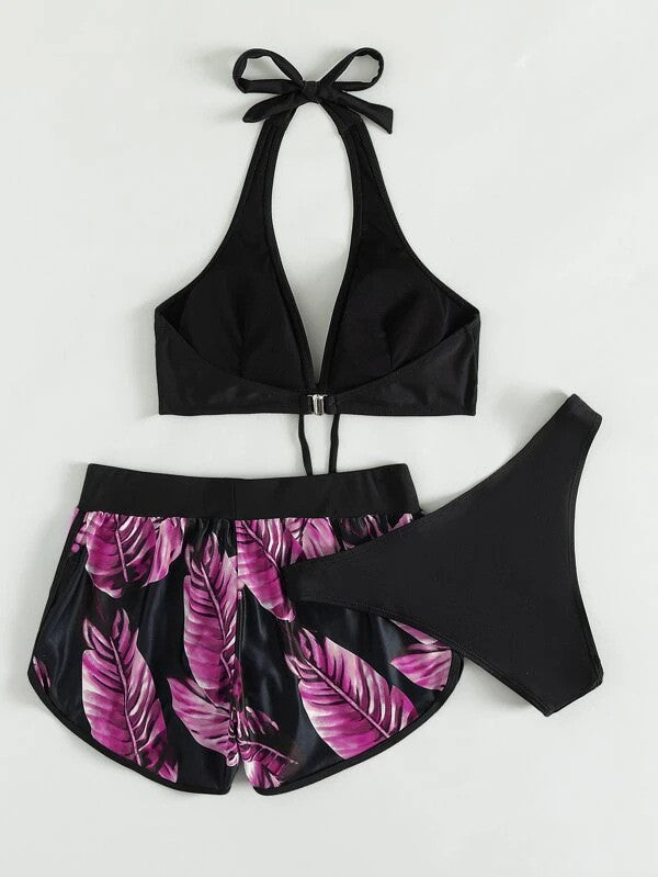 3pcs Leaf Print Bikini with Shorts