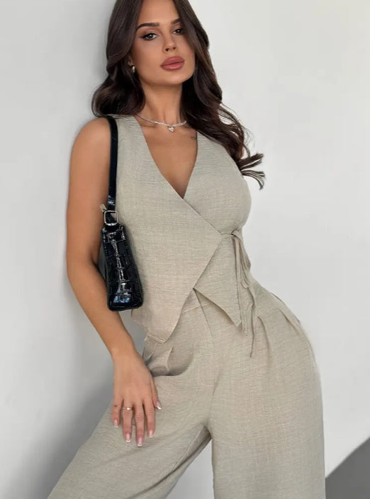 Elegant Waist Cinching Top And Wide Leg Pants Two-piece Set