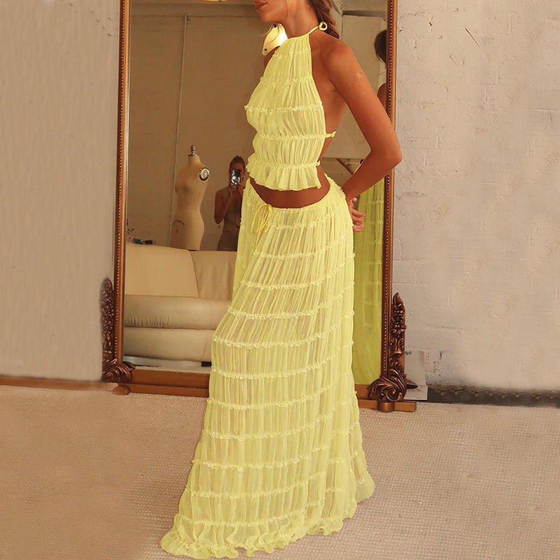 2pcs Women's Dress Suit Pleated Long Skirt Beach Clothing