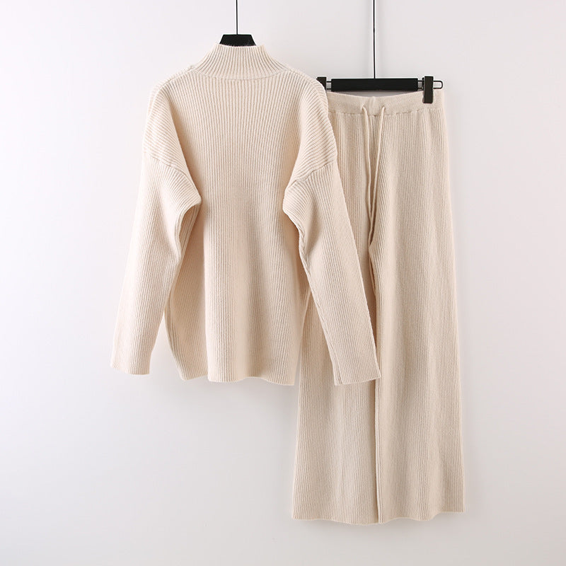 Idle Style Half Turtleneck Thickened Inner Wear Knitted Wide Leg Pants Two-piece Set
