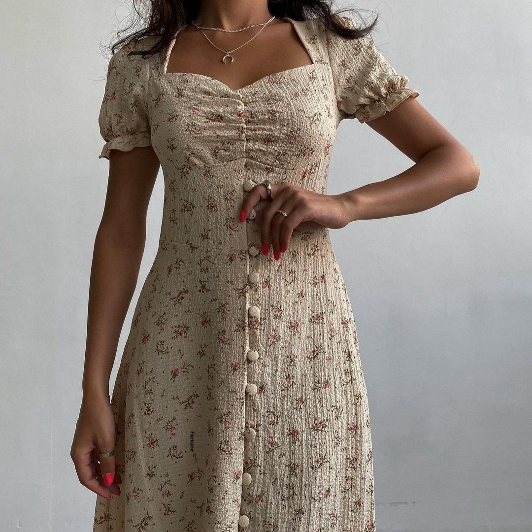 Floral Short Sleeve Square Collar Long Dress