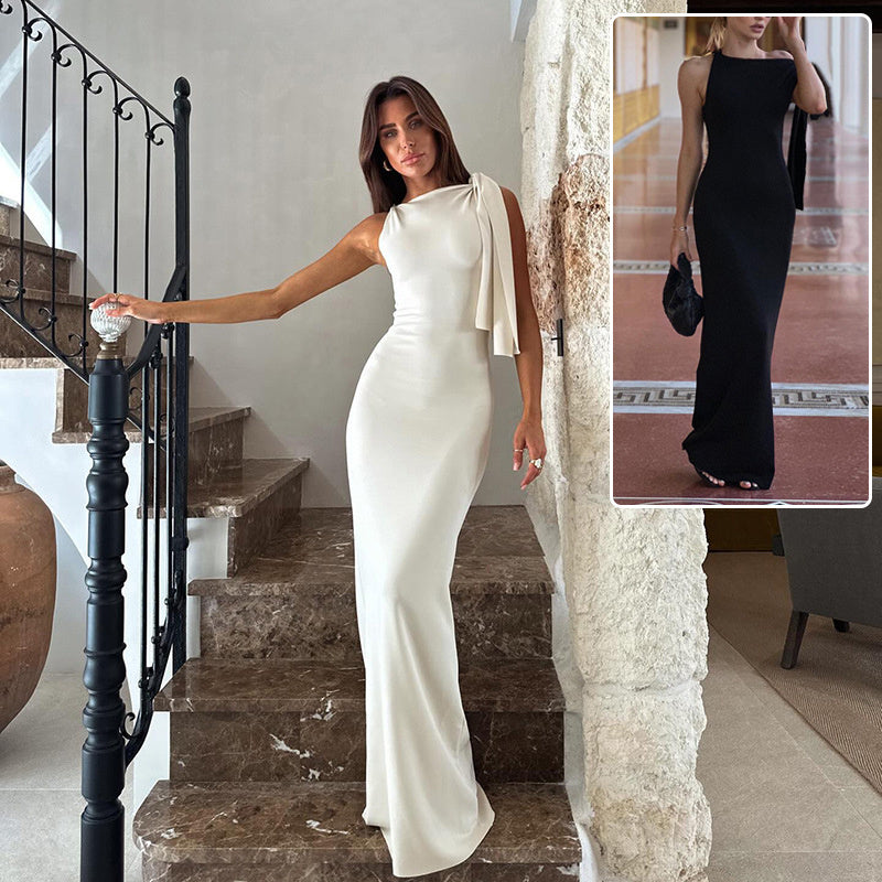 Women's Slim Fit Evening Dress – One Shoulder Ribbon Design