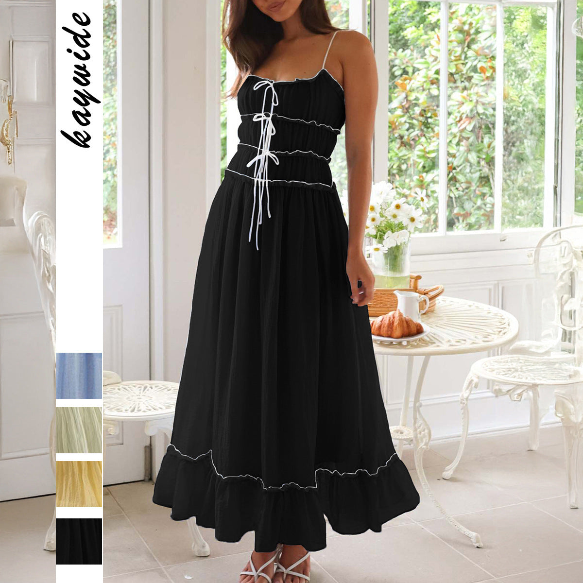 Casual Vacation Style Pleated Ruffled High Waist Sling Dress
