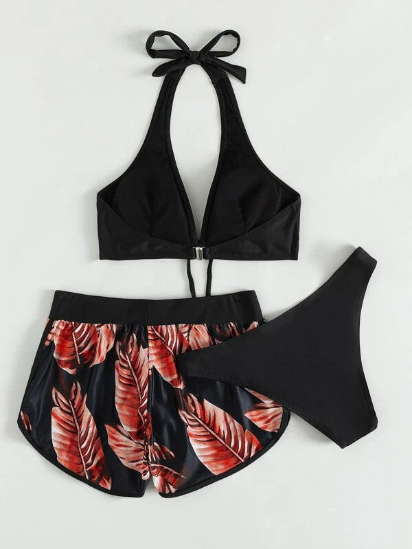 3pcs Leaf Print Bikini with Shorts