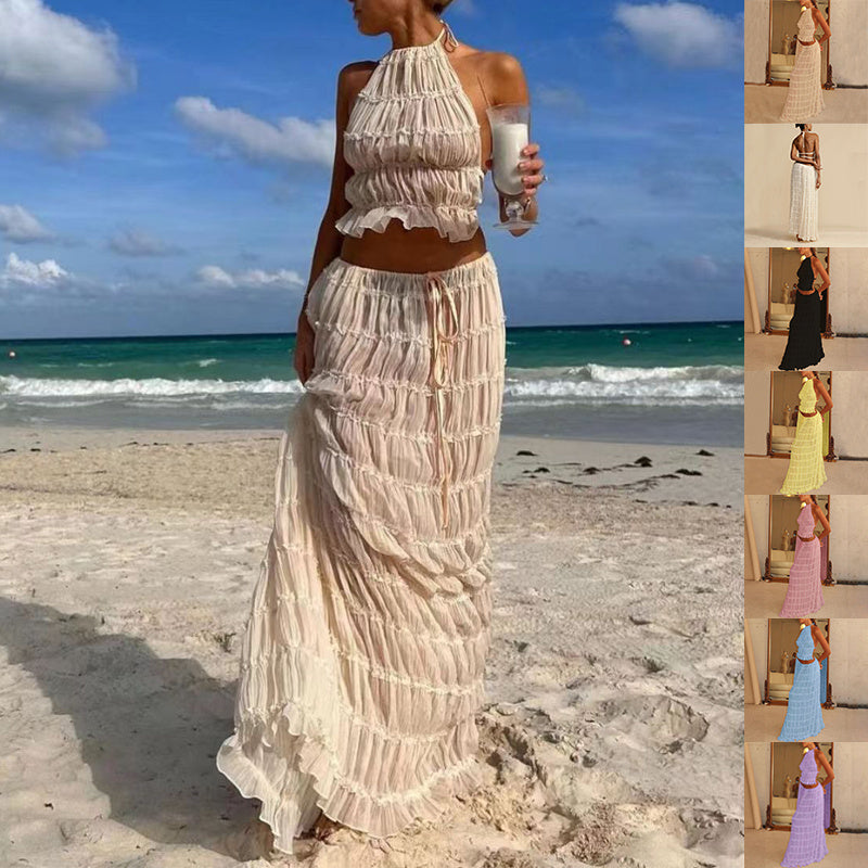 2pcs Women's Dress Suit Pleated Long Skirt Beach Clothing