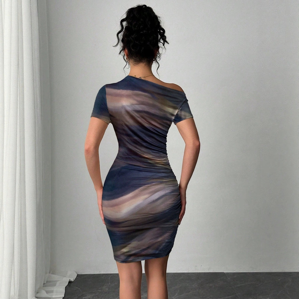Elegant Tie-dyed Short-sleeved Women's Dress
