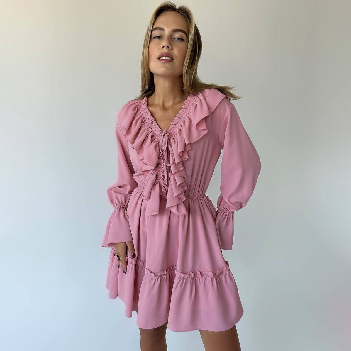 Flirt & Flare V-Neck Ruffle Dress – Y2K Energy Meets Modern Romance