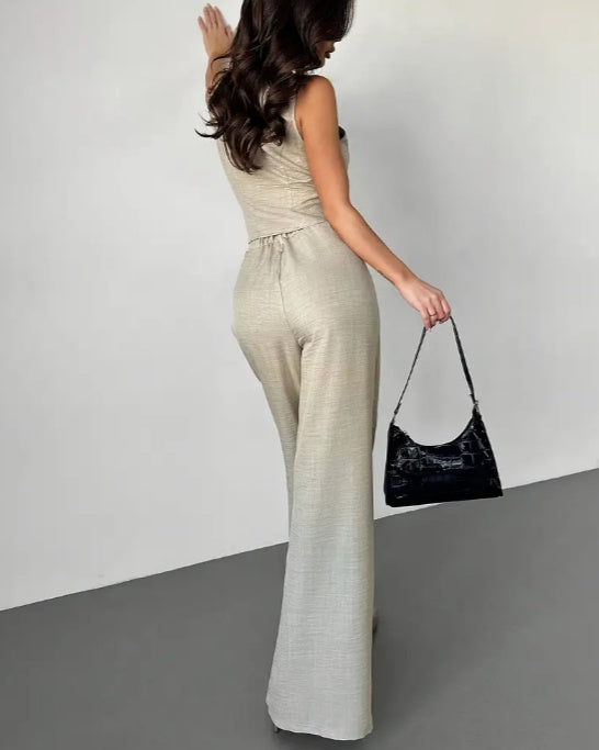 Elegant Waist Cinching Top And Wide Leg Pants Two-piece Set
