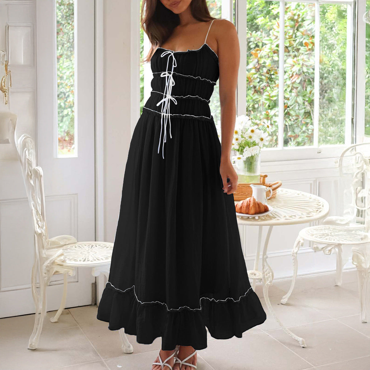 Casual Vacation Style Pleated Ruffled High Waist Sling Dress