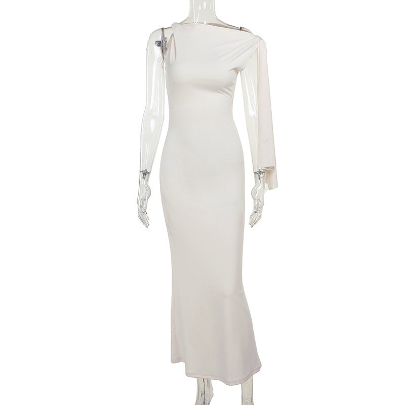 Women's Slim Fit Evening Dress – One Shoulder Ribbon Design