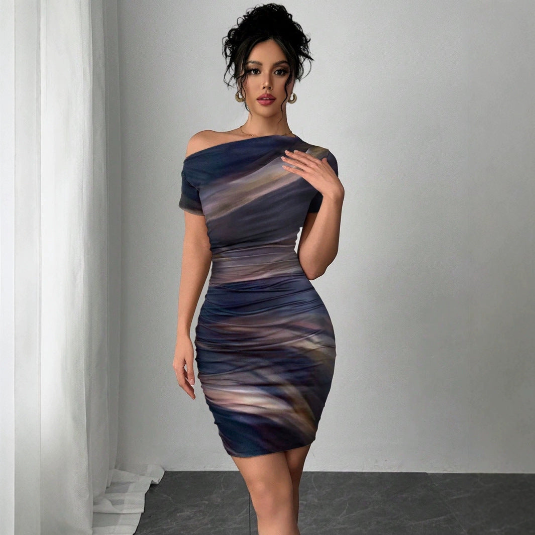 Elegant Tie-dyed Short-sleeved Women's Dress