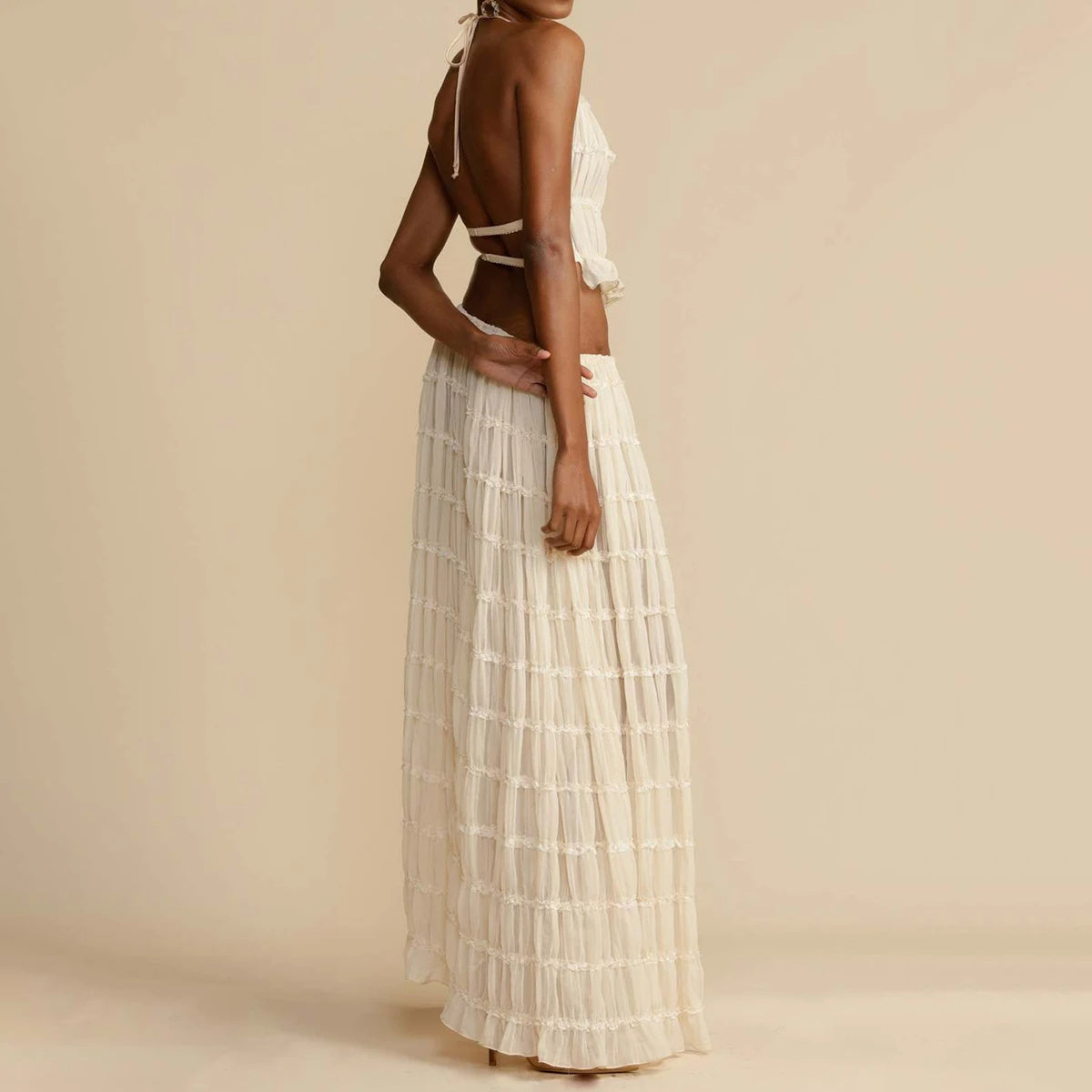 2pcs Women's Dress Suit Pleated Long Skirt Beach Clothing