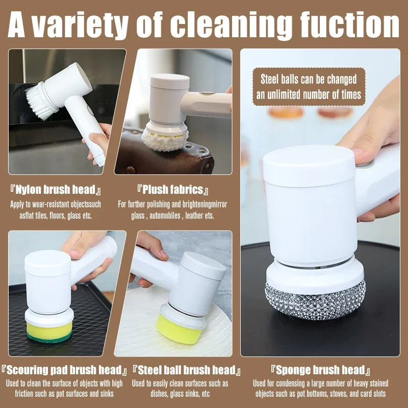 5-in-1 Electric Spin Scrubber – Powerful Cleaning Brush with 5 Replaceable Heads & USB Charging