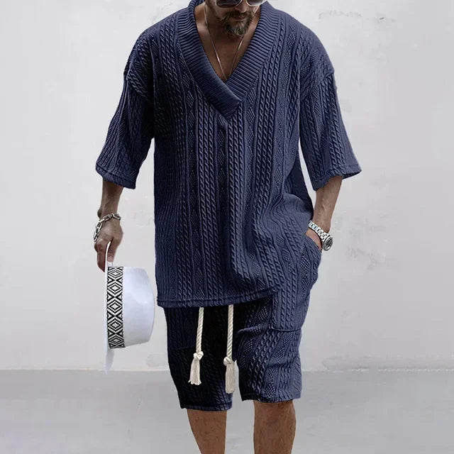 Men Shorts Set Summer Casual Knitted Two Piece