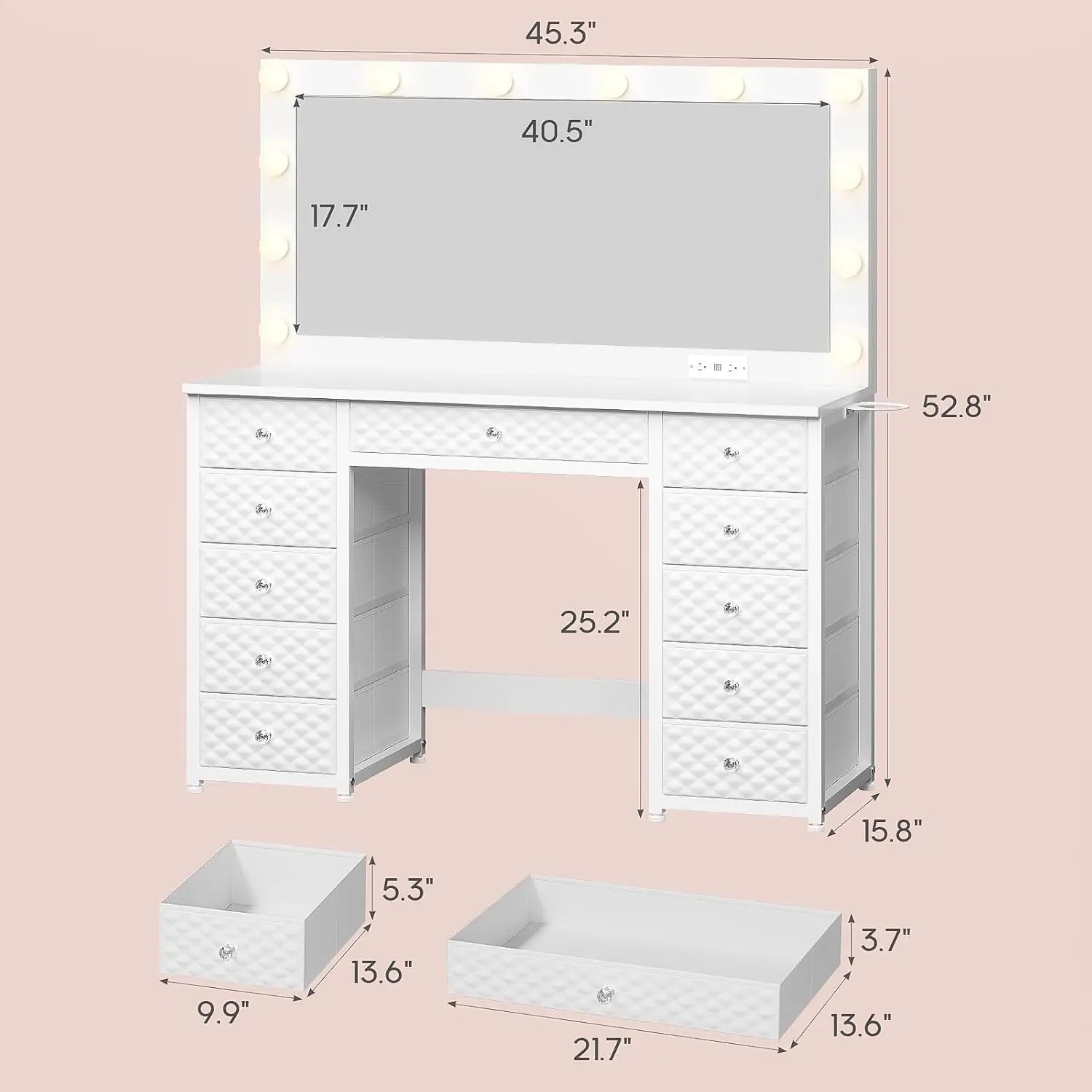 Vanity with Extra Large Mirror and Lights, Makeup Vanity with Power Strip
