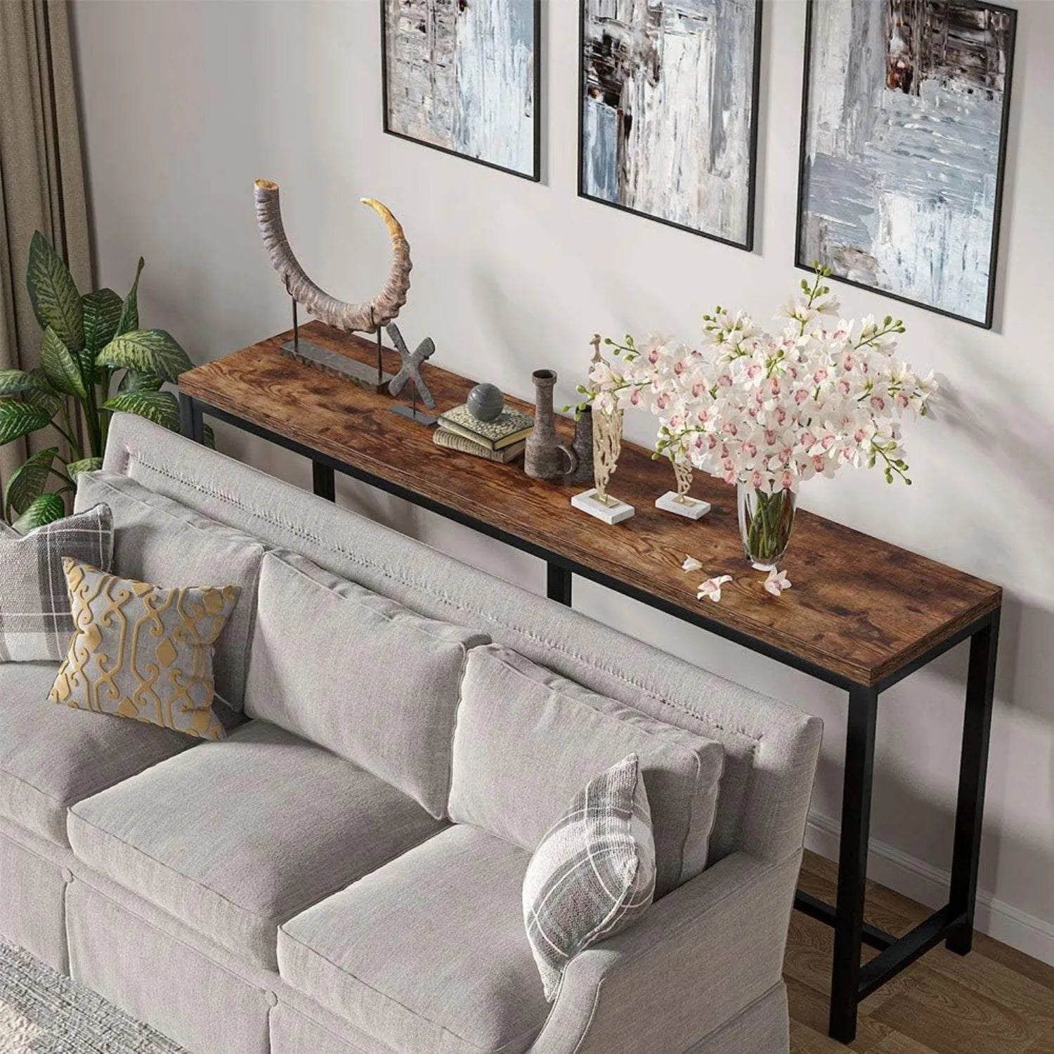 70.9 inch Extra Long Console Table Behind Couch, Easy Assembly Sofa Table, Rustic Industrial Narrow Entryway Hallway Table
