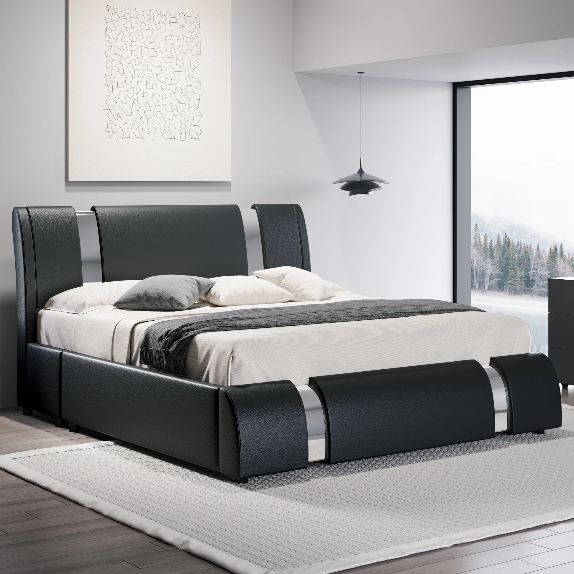 HOOMIC Modern Faux Leather Bed Frame with Iron Pieces Decor