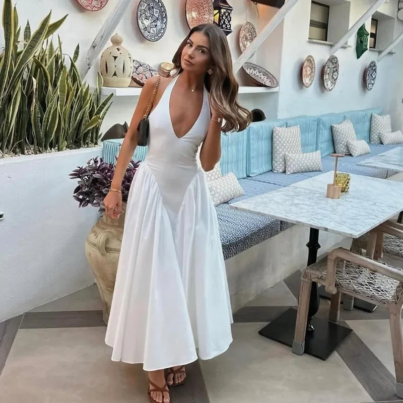 TARUXY Sexy Halterneck V-Neck Maxi Dress 👗 | Backless Vacation Long Dress with Flowy Hem