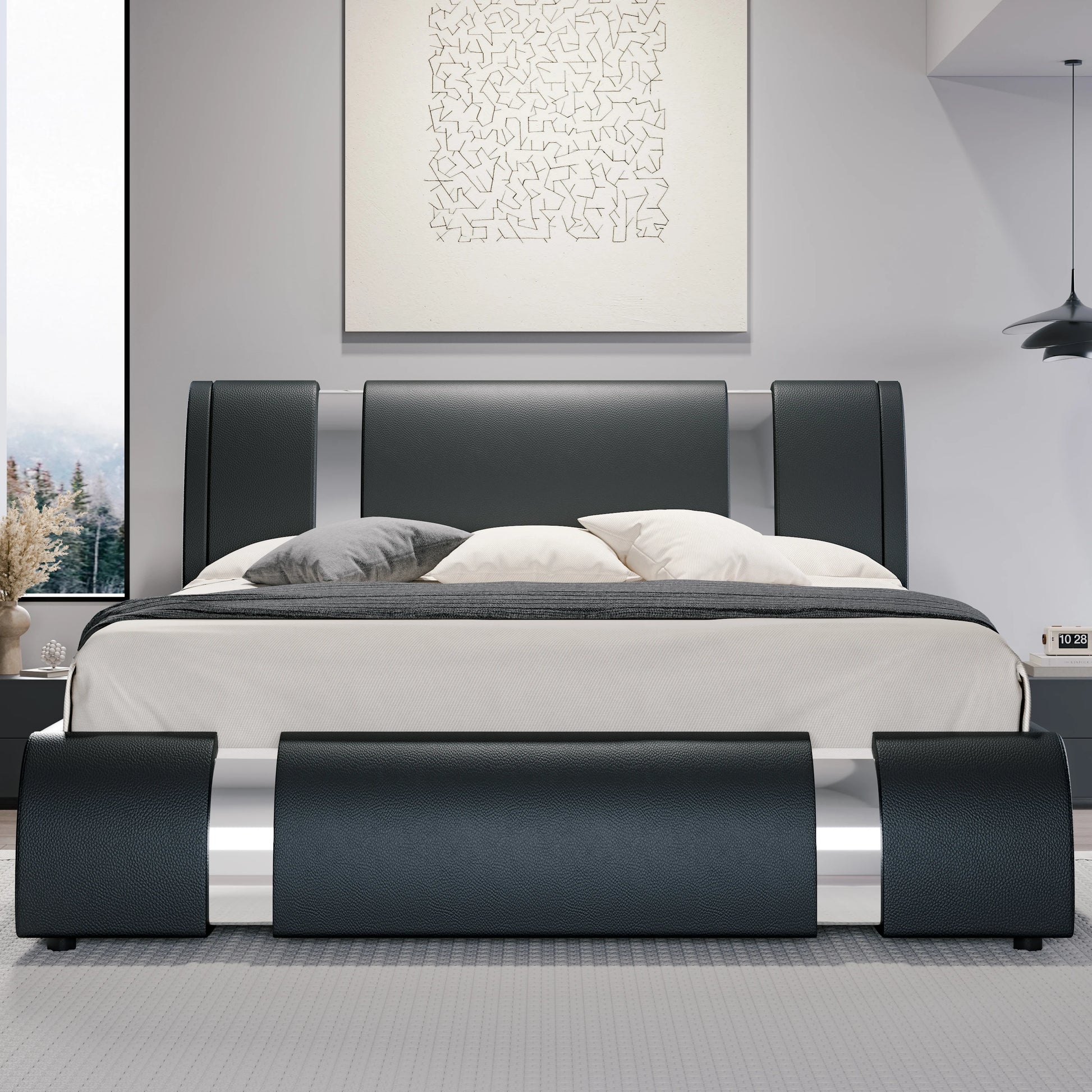HOOMIC Modern Faux Leather Bed Frame with Iron Pieces Decor