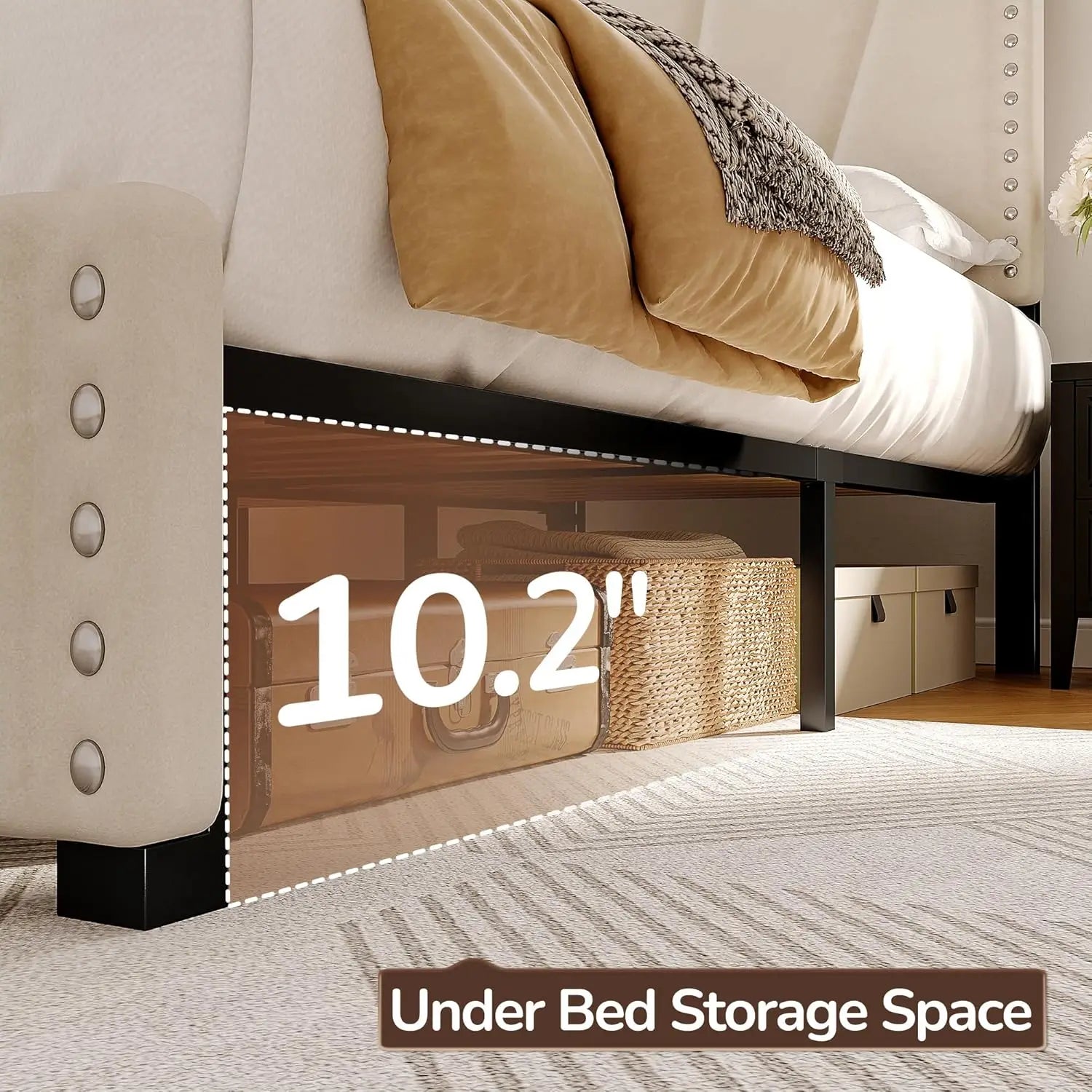 Bed Frame with Velvet Headboard and LED Lights