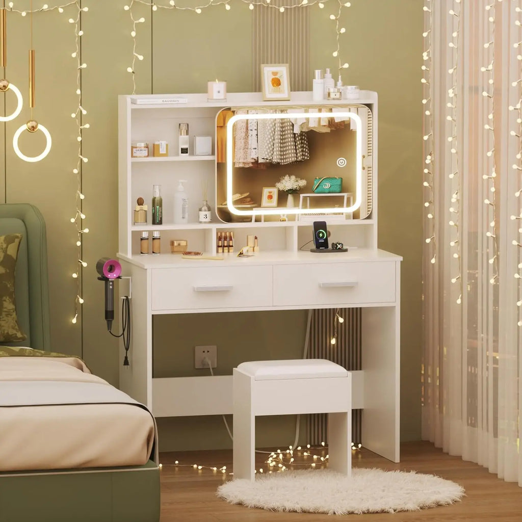TAYAO White Vanity Desk with LED Lights Mirror Power Outlet and Chair