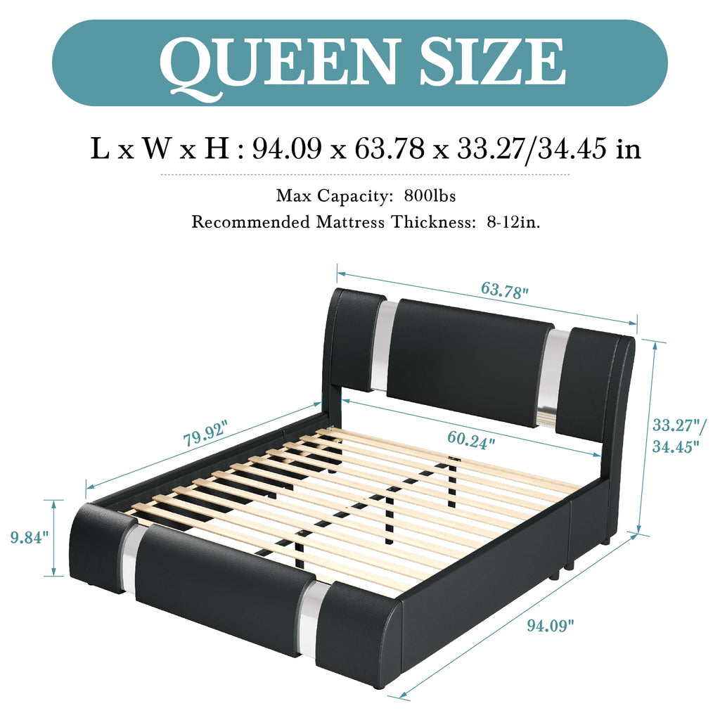 HOOMIC Modern Faux Leather Bed Frame with Iron Pieces Decor