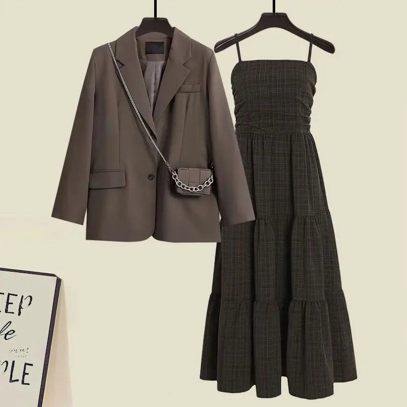 Korean-Inspired A-Line Camisole Dress & Suit Coat Set – Effortless Chic
