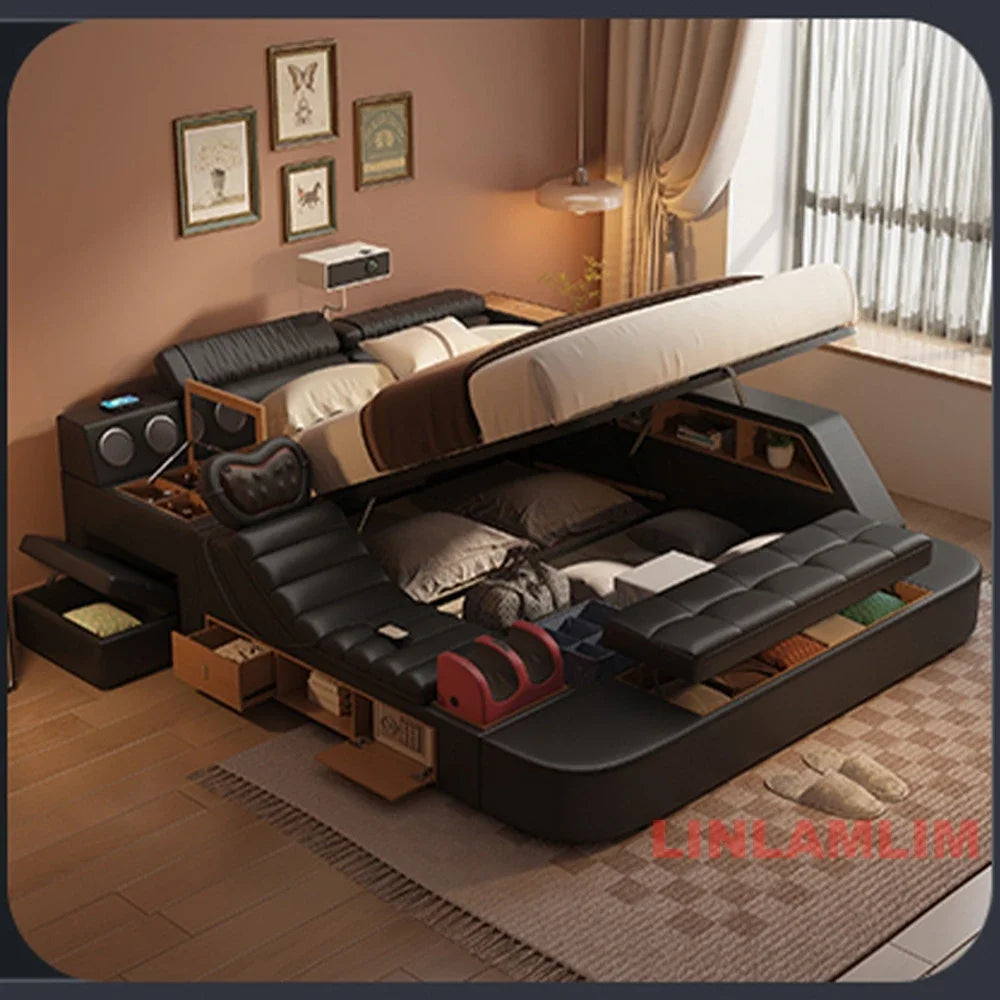 Luxury Tech Smart Multifunctional Bed with Massage Chair, Bluetooth Speakers, Projector, USB – Modern Upholstered King Size Bed