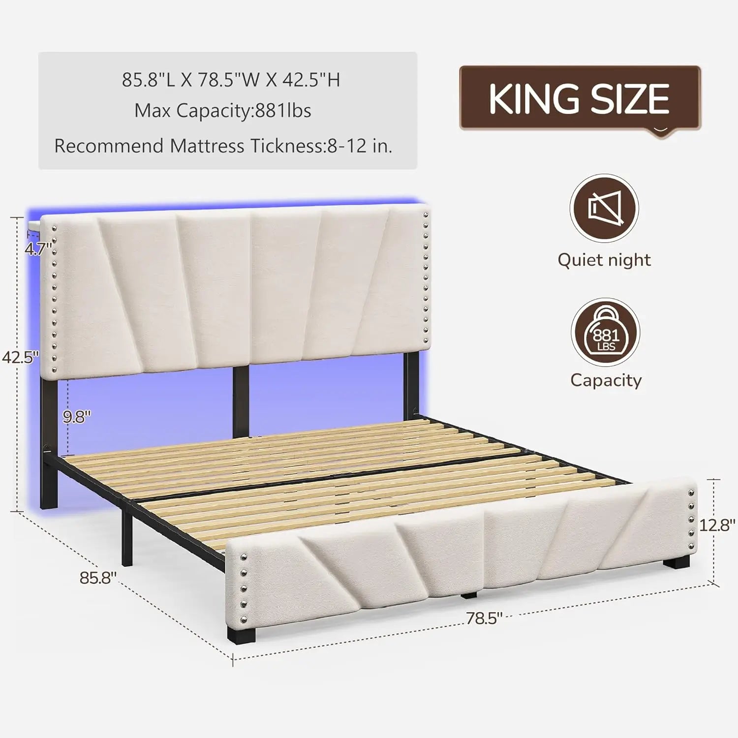 Bed Frame with Velvet Headboard and LED Lights