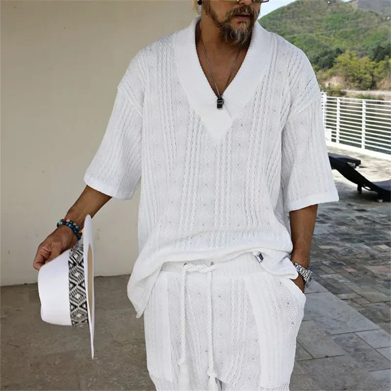 Men Shorts Set Summer Casual Knitted Two Piece