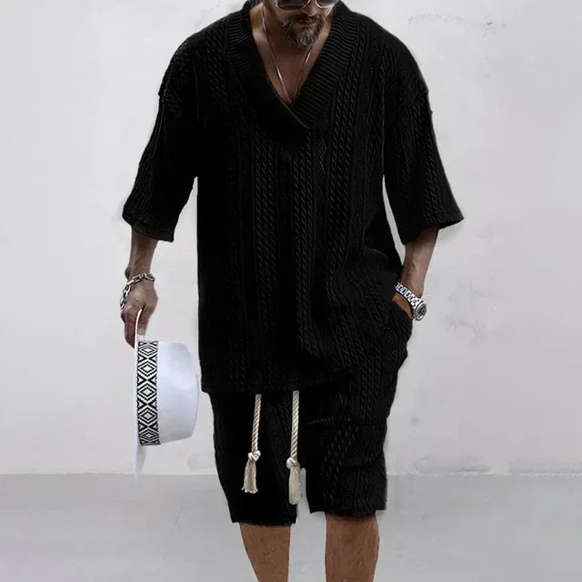Men Shorts Set Summer Casual Knitted Two Piece