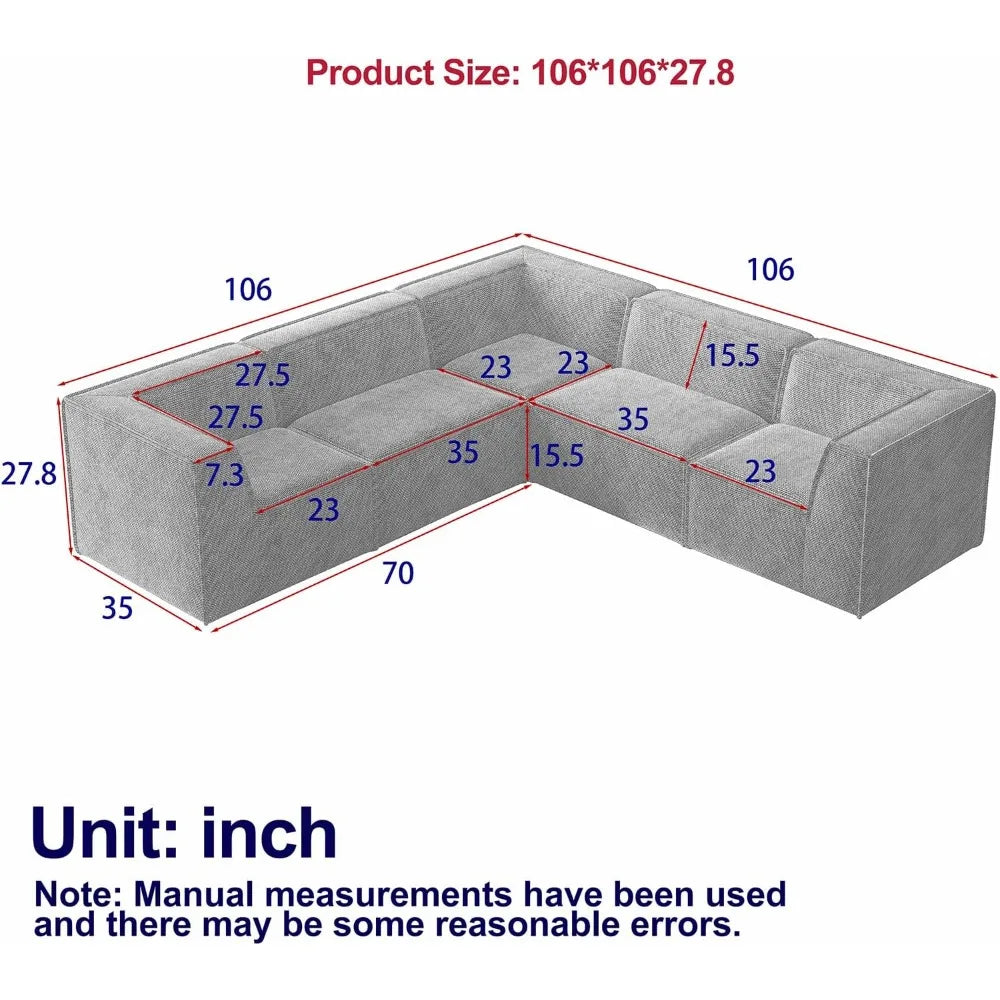 Oversized Sectional Couch, L-Shaped Modern Comfy Chenille Fabric Floor Foam Compression Modular Sectional Sofa