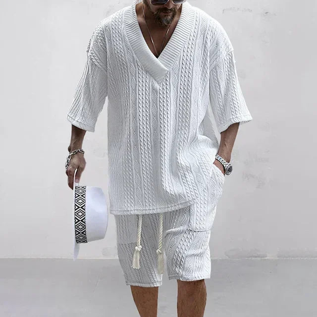 Men Shorts Set Summer Casual Knitted Two Piece