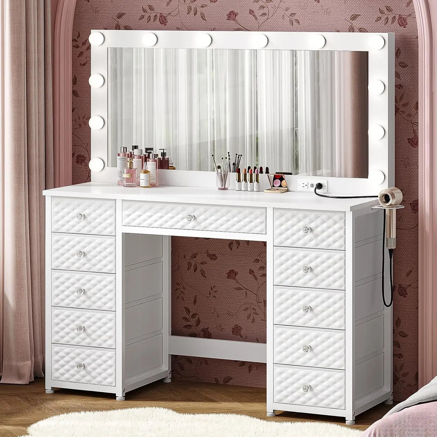 Vanity with Extra Large Mirror and Lights, Makeup Vanity with Power Strip