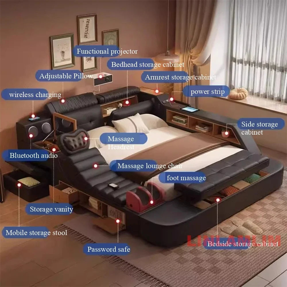 Luxury Tech Smart Multifunctional Bed with Massage Chair, Bluetooth Speakers, Projector, USB – Modern Upholstered King Size Bed