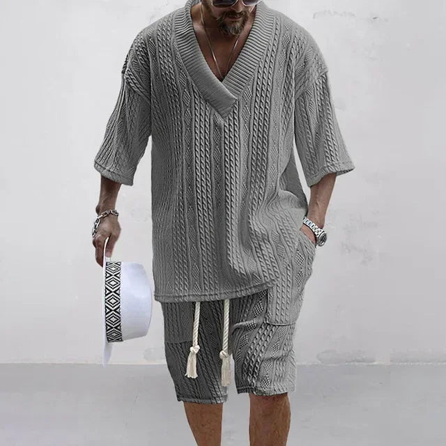 Men Shorts Set Summer Casual Knitted Two Piece