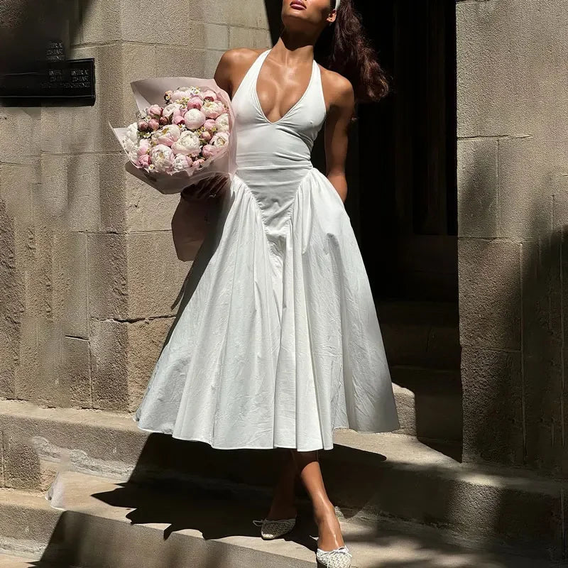 TARUXY Sexy Halterneck V-Neck Maxi Dress 👗 | Backless Vacation Long Dress with Flowy Hem