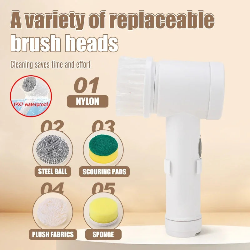 5-in-1 Electric Spin Scrubber – Powerful Cleaning Brush with 5 Replaceable Heads & USB Charging