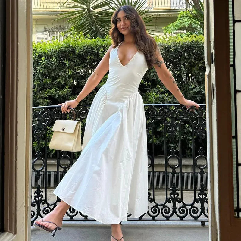 TARUXY Sexy Halterneck V-Neck Maxi Dress 👗 | Backless Vacation Long Dress with Flowy Hem