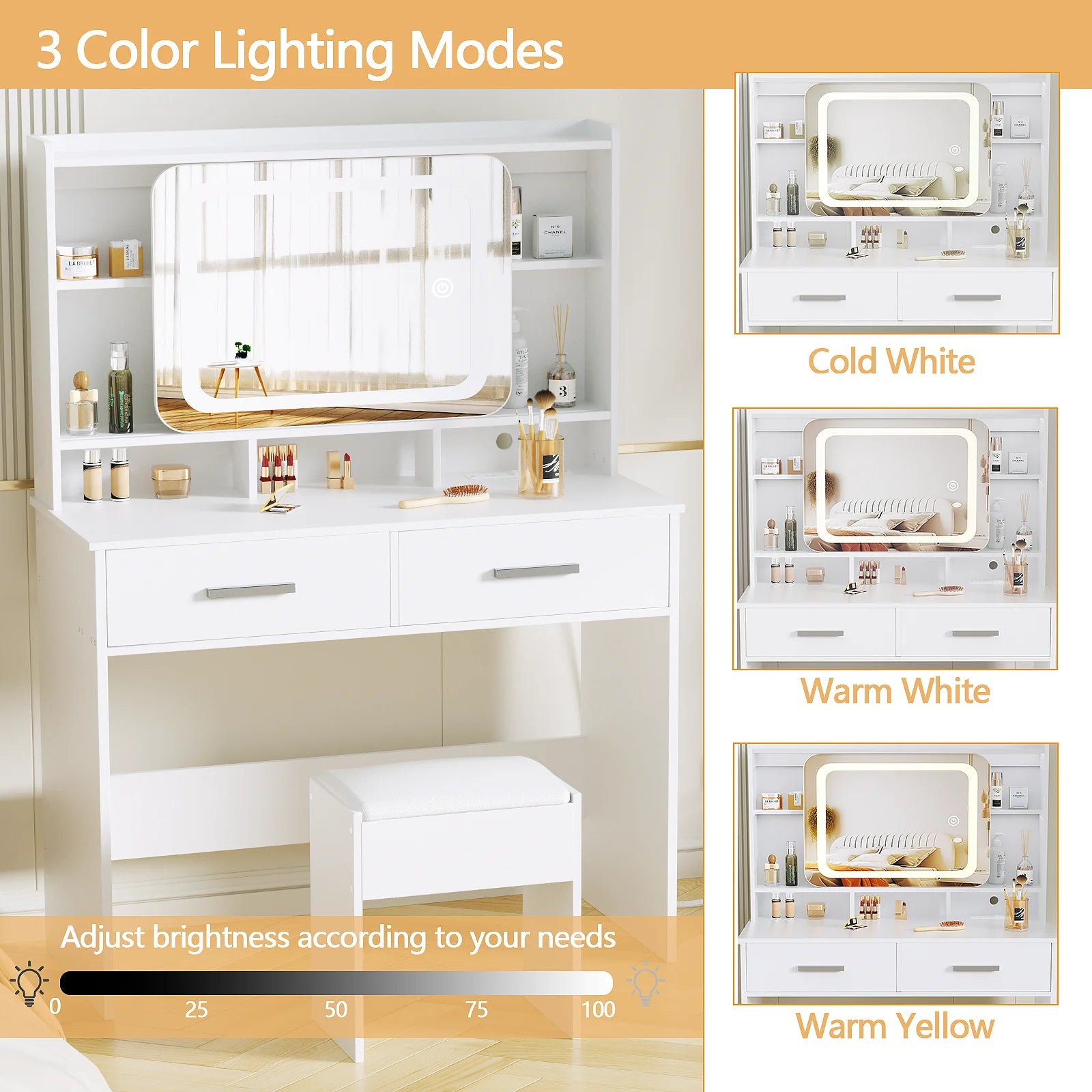 TAYAO White Vanity Desk with LED Lights Mirror Power Outlet and Chair