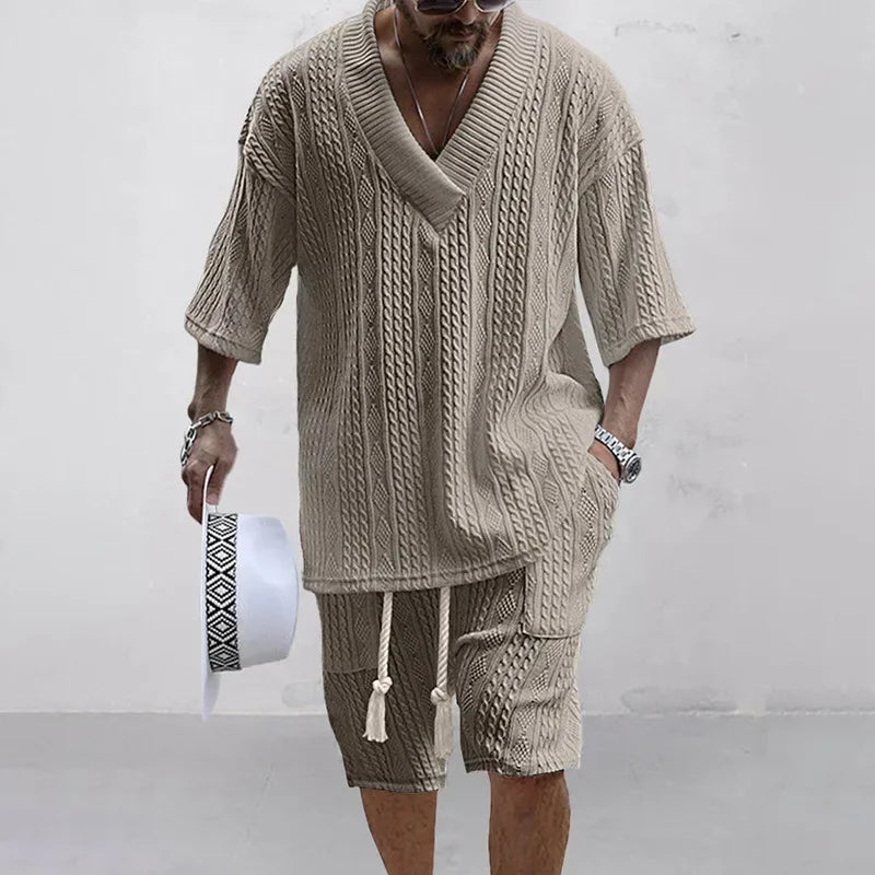 Men Shorts Set Summer Casual Knitted Two Piece